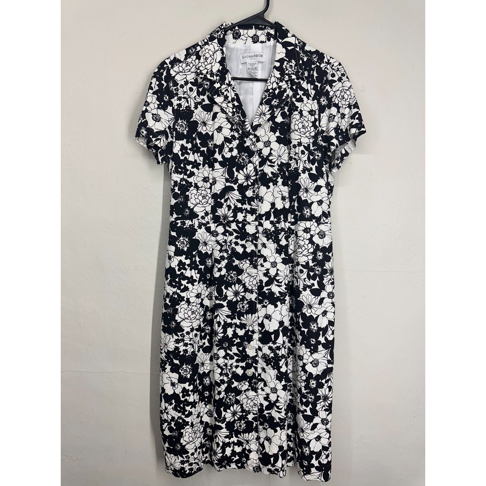 Sag Harbor Shirt Dress Petite 10P Black White Floral Linen Blend Pocket Modest
